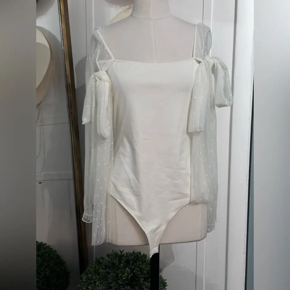 Free People TongueTied Mesh Lace Sleeve Tie Shoulder Bodysuit Ivory Size Medium